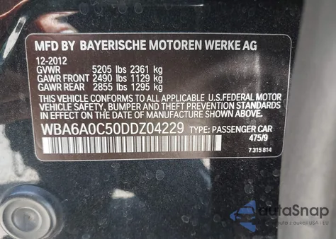 2013 BMW 640I Gran Coupe из США, поврежденный, VIN WBA6A0C50DDZ04229